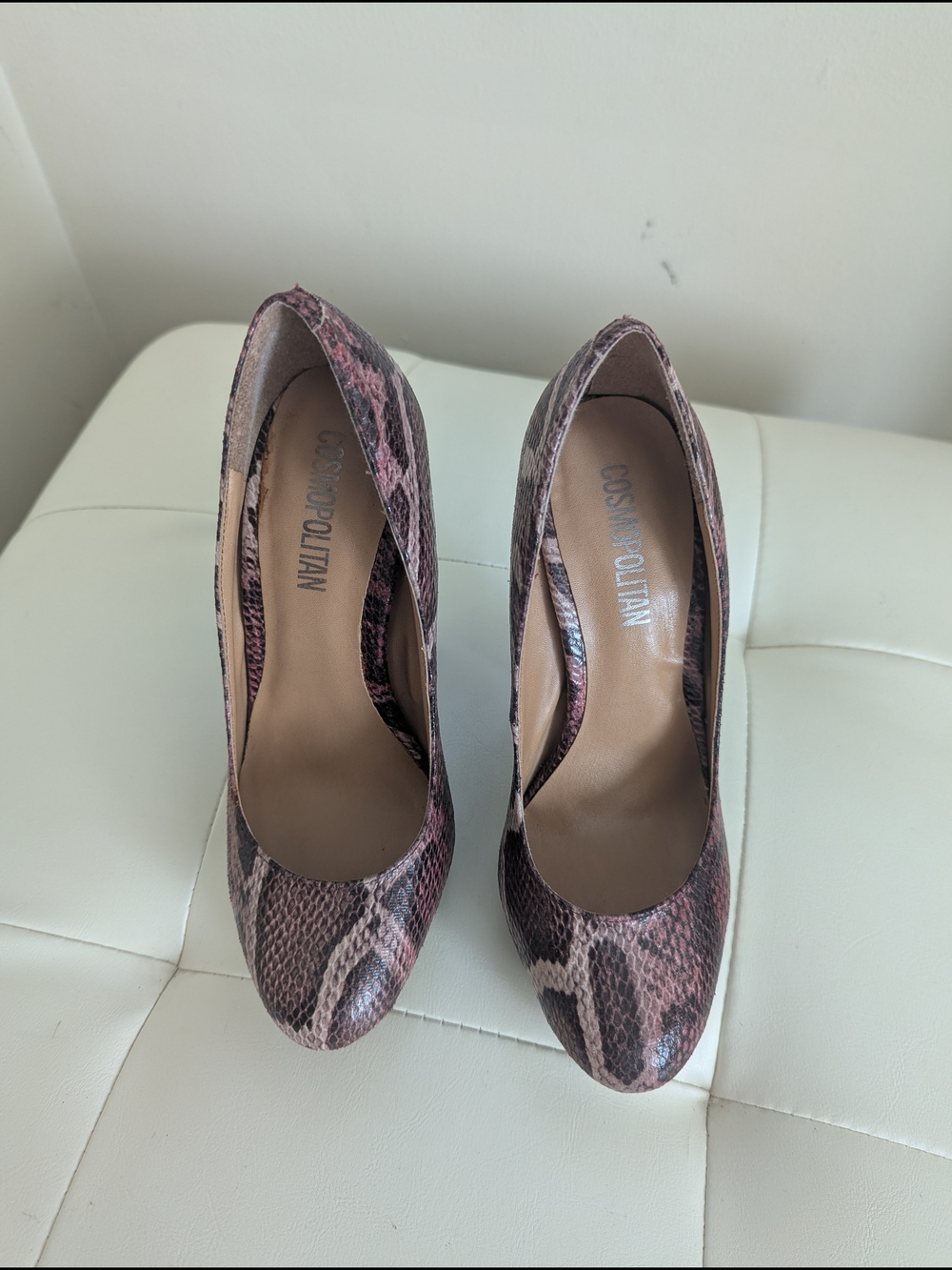 Cosmopolitan Pink Snake-Print Almond Toe Pumps